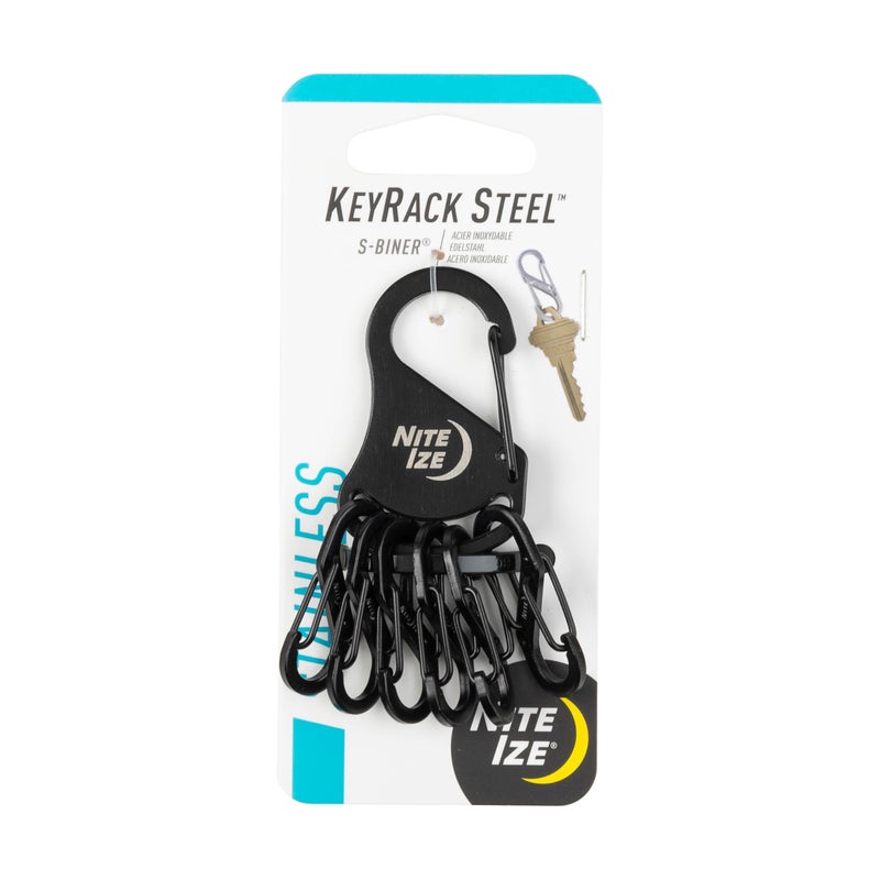 NITE IZE نيت آيز SS-SMS-9001218 حامل مفاتيح من الفولاذ، حلقة مفاتيح من الفولاذ المقاوم للصدأ مع 6 حلقات S-Biners من الفولاذ المقاوم للصدأ لتأمين المفاتيح + فصلها، أسود (KRS-03-01) - Image 1